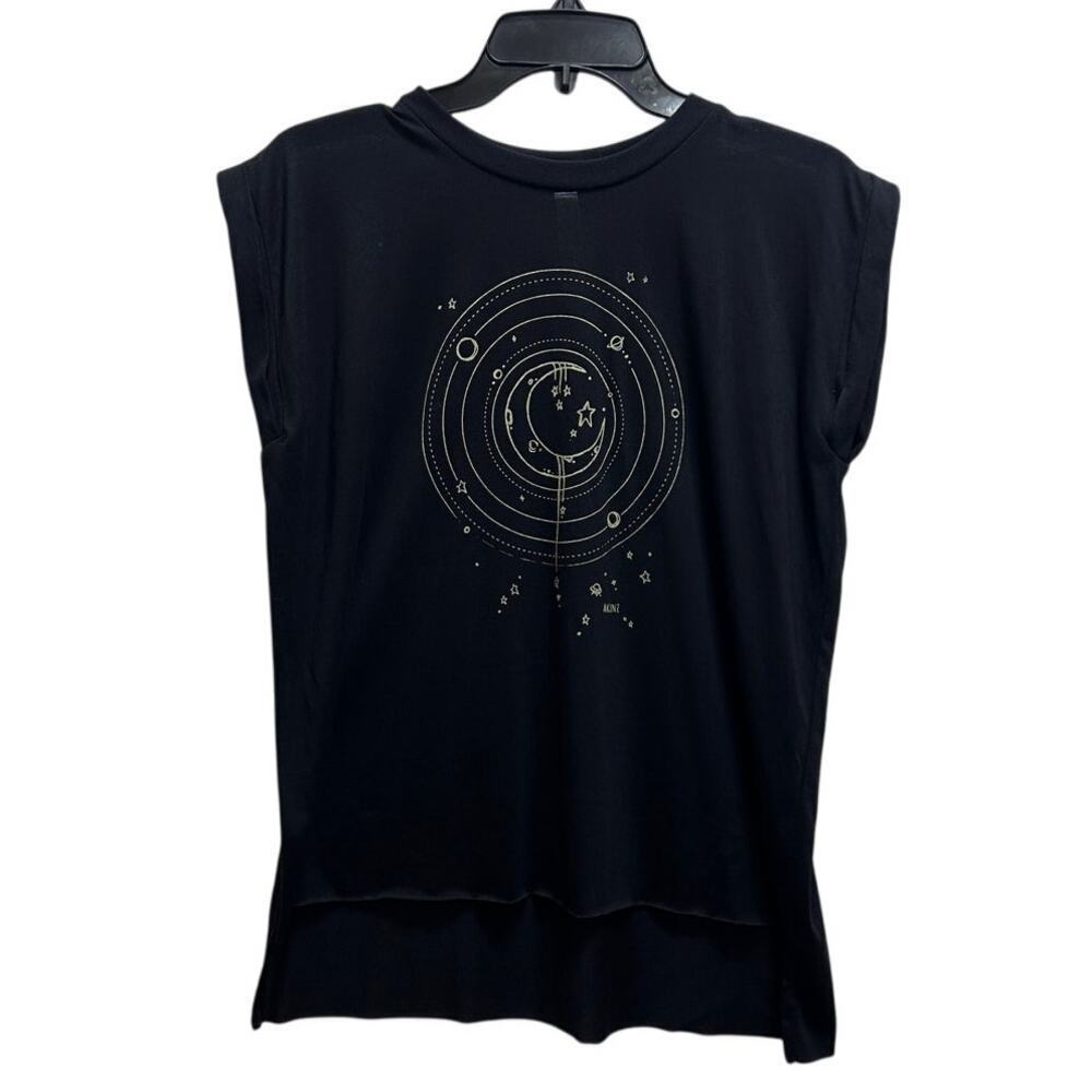 AKINZ Fly Me To The Moon Rolled Sleeve Top M Black Gold Lunar Star High Low Hem